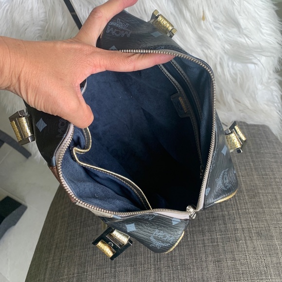 MCM Black Logo Leather Satchel with Gold Handles and Pink, Tan, Cream Panels - Picture 11 of 12